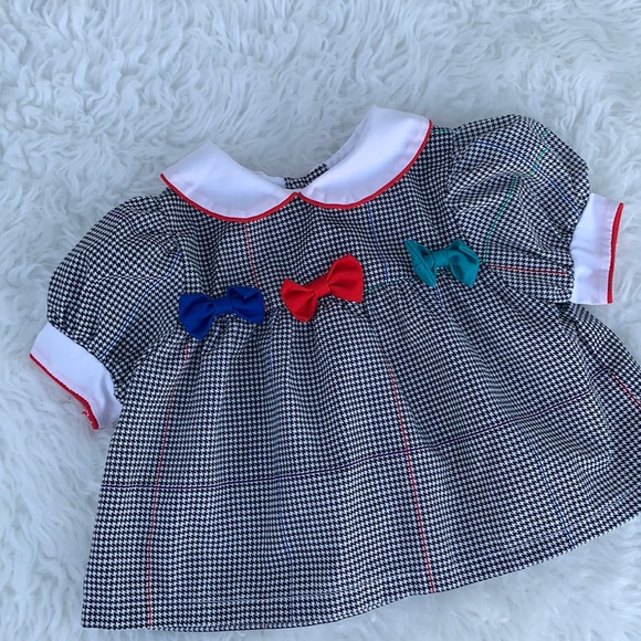 Girls vintage toddler dress houndstooth rainbow colored bows 12 mo gorgeous - Picture 3 of 4